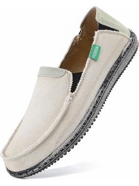Men's Beige White Canvas Round Toe Slip On Flat Beach Boat Casual Deck Loafer